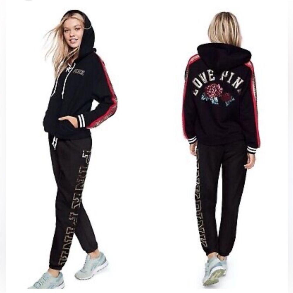 Pink Victoria's Secret Perfect Hoodie Bling Roses Sequin Long Sleeves Sweatshirt